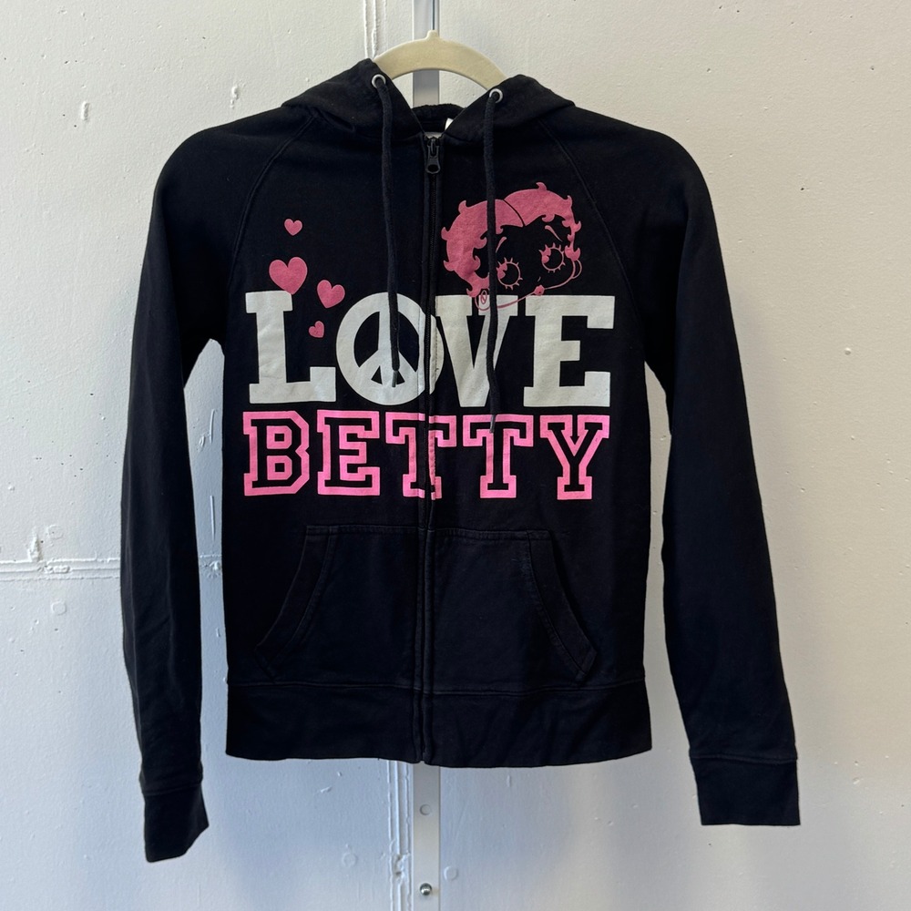 Y2K Betty Boop Love Betty Peace Full Zip Hoodie Black Pink Graphic Sweatshirt Sm